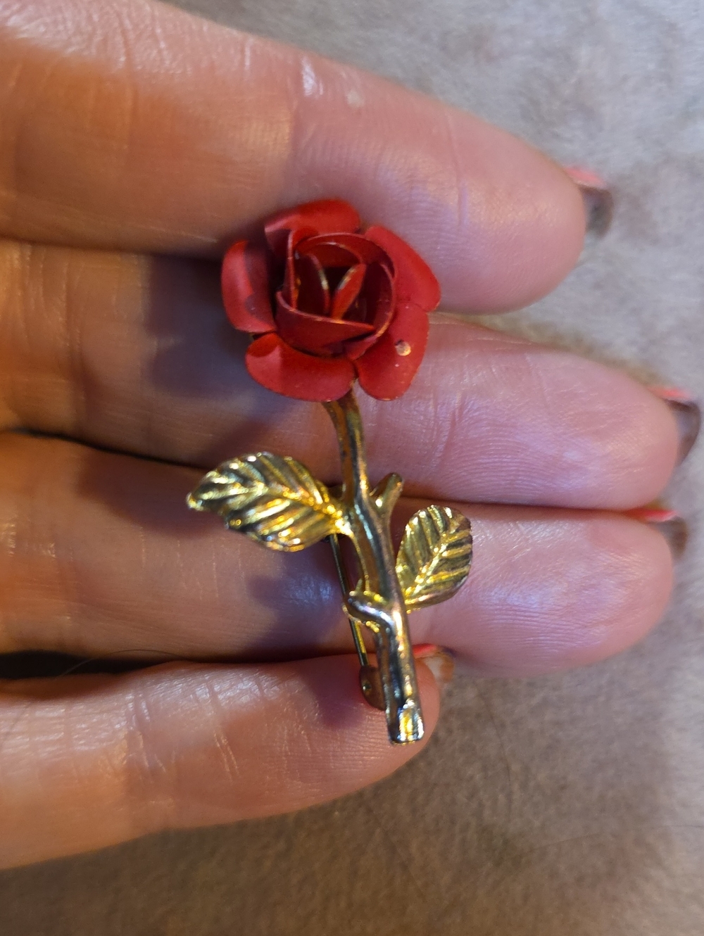 Vintage Red Rose Pin Brooch with Gold-Tone Stem